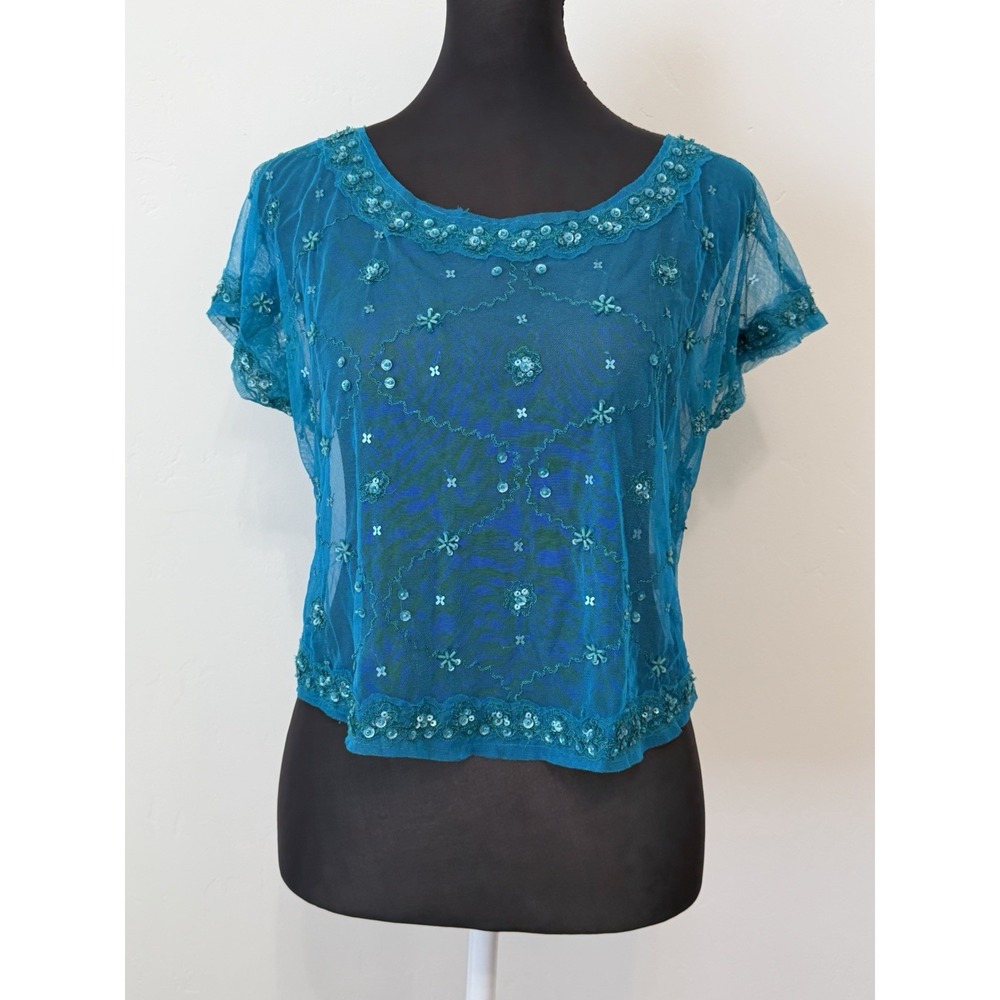 Free People Turquoise Sheer Mesh Beaded Sequin Embroidered Crop Top XS Boho Y2K